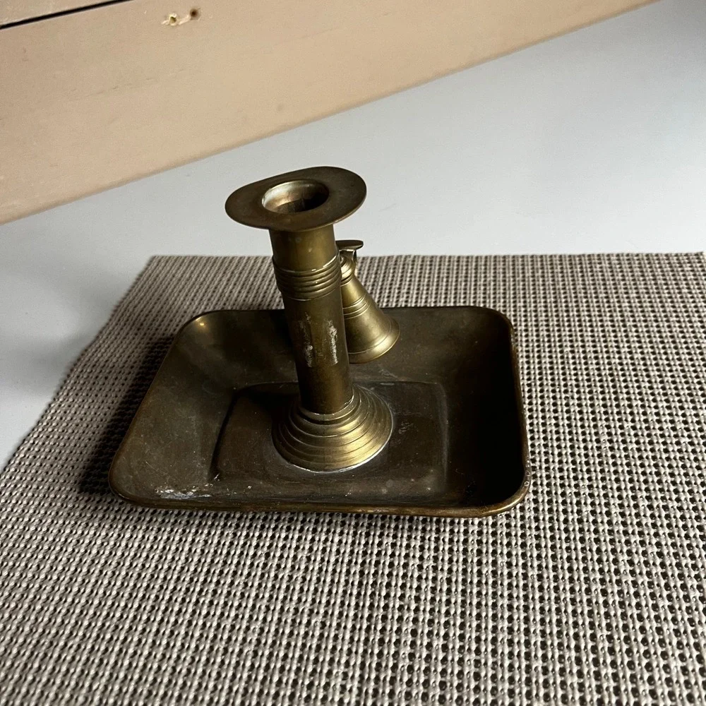Vintage Brass Chamberstick Candle Holder with Snuffer‎ Rectangular Tray Handle
